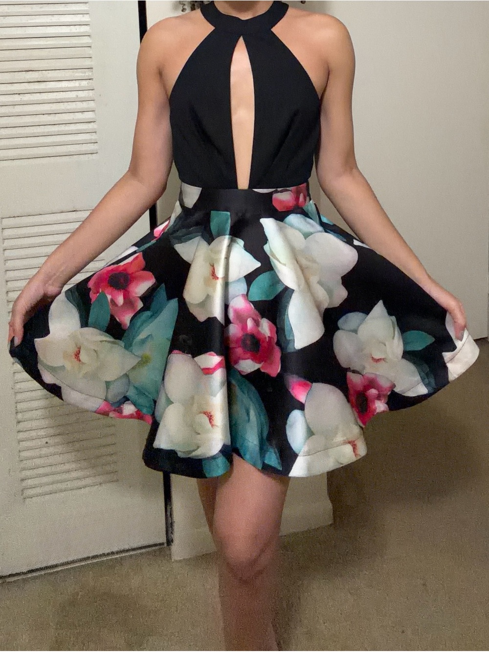 Luxxel Black Dress with Floral Skirt. Party dress.